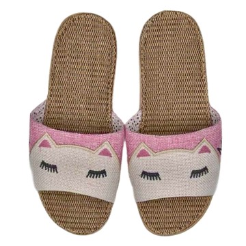 女款可愛貓亞麻舒適室內拖  粉色