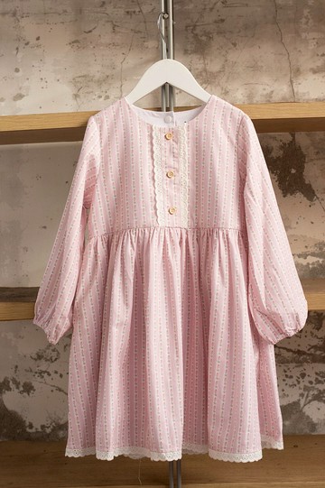 簡衣櫥|春秋洋裝|粉色條紋小花長袖洋裝