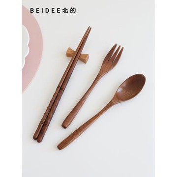 黑胡桃木筷子勺子叉子套裝一人一筷 餐具木質筷子甜品勺叉三件套