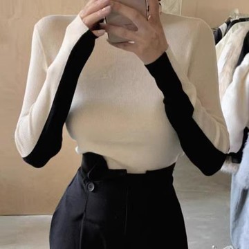 韓國chic秋季法式氣質高領拼色前后兩穿修身顯瘦打底針織衫毛衣女