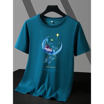 2025夏季新款短袖T恤男圓領涼感印花青年學生孔雀藍莫代爾棉t恤衫