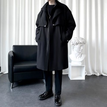 風衣男中長款英倫風大衣高級感假兩件外套2025新款秋季青少年男裝