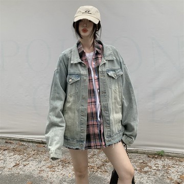 【有大尺碼】美式復古翻領毛邊寬鬆牛仔外套