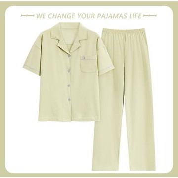 北極絨睡衣女夏季純棉短袖長褲簡約開衫可外穿家居服春秋薄款套裝