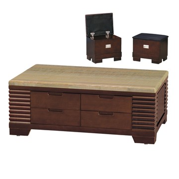 【文創集】摩伊 胡桃色5尺雲紋石面實木大茶几(附收納椅凳二張)-150x90x51cm免組