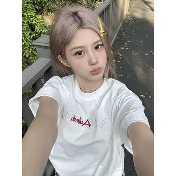 純棉字母刺繡·夏季設計感t恤女短袖正肩情侶潮牌學生寬松上衣