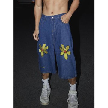 PAPASLILMONSTER美式復古花朵牛仔短褲男直筒闊腿休閑七分褲子
