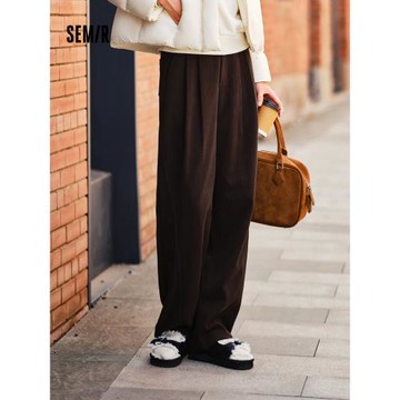 森馬休閑褲女純色肌理闊腿褲慵懶松弛感2024新款冬雪尼爾長褲時尚
