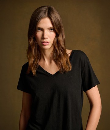 Superdry Women's Women's Slub Embroidered V-neck T-shirt Black - Size: 10 Size: 6