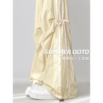 黃色蝴蝶結工裝褲女夏季新款高級感寬松垂感直筒速干冰絲運動褲子