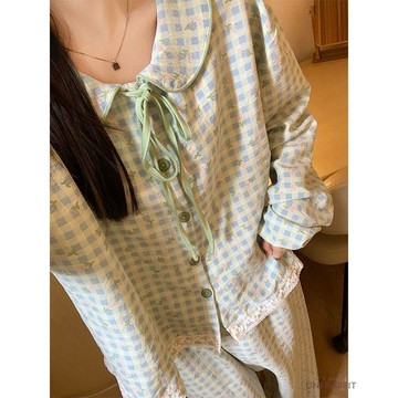 睡衣女春秋季韓版ins甜美娃娃領碎花格子長袖長褲家居服套裝學生居家服套裝長袖睡衣睡衣套裝女家居服寬鬆睡衣