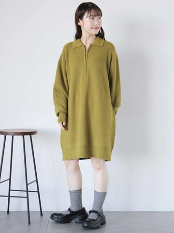 半拉鍊翻領平紋針織連身洋裝(0F000423010) - ehka sopo