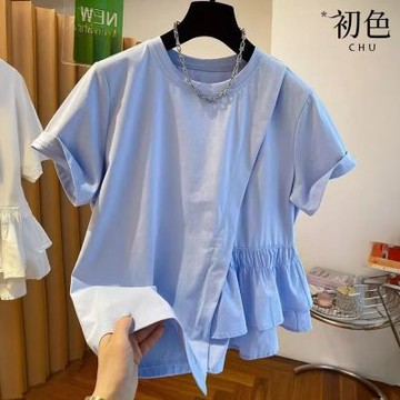 初色 法式甜美不規則拼接圓領短袖襯衫T恤上衣女上衣-共2色-13719(M-4XL可選)