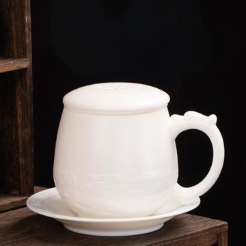 德化羊脂玉素燒白瓷過濾茶水分離咖啡水杯陶瓷帶蓋個人辦公室茶杯