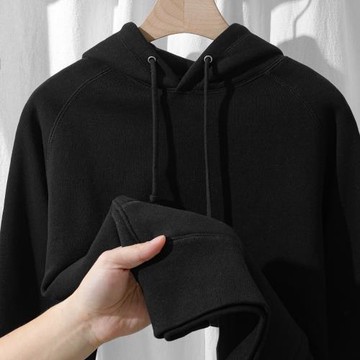 380g重磅黑色插肩袖情侶加絨加厚連帽衛衣女秋冬簡約百搭上衣外套