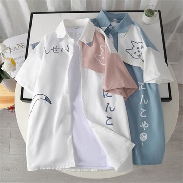卡通可愛貓咪短袖襯衫男夏季學生潮流設計感小眾情侶外搭休閑襯衣