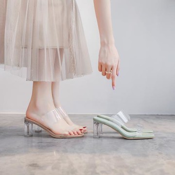 透明涼鞋女2025年夏季新款百搭仙女風時裝水晶中跟粗跟外穿涼拖鞋