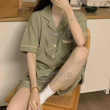 開衫睡衣日系清新睡衣女夏季寬鬆短袖短褲簡約休閒家居服套裝【倪醬小鋪】