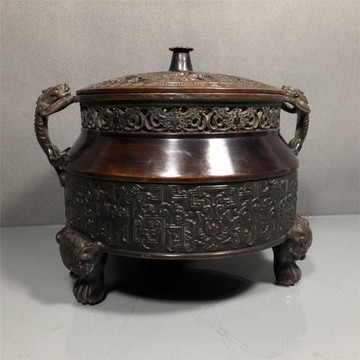 老件紫銅浮雕崇禎款高19*23*17公分5.6公斤瑞獸托蓋熏香爐擺件