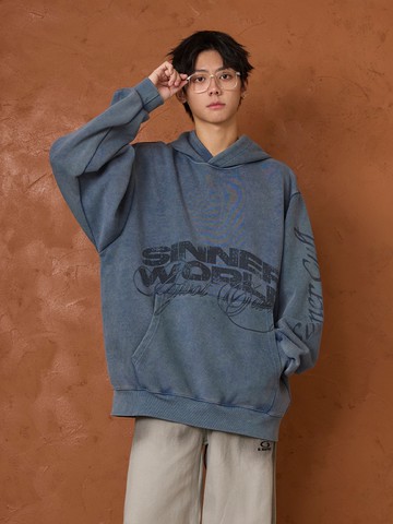 水洗燙印英文字排版長帽T