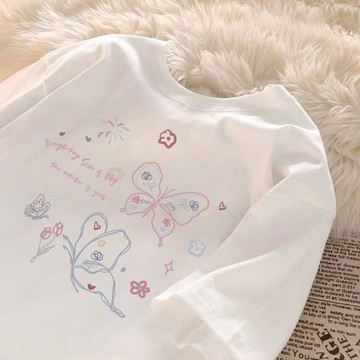 春夏標配~ 短袖上衣 t恤女 韓系復古 蝴蝶塗鴉印花 純棉 t恤 正韓 t恤 重磅短t 白色上衣 氣質上衣 甜美風女裝