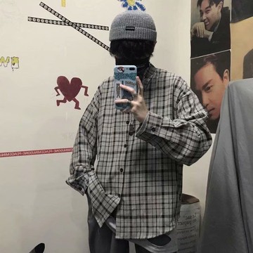 韓國ins春季新款復古襯衫原宿BF高街格子上衣寬鬆長袖襯衫男女款