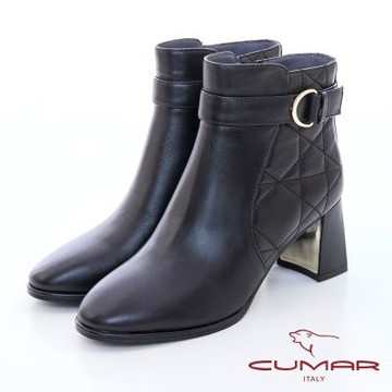 【CUMAR】車格拼接防水台粗跟短靴-黑
