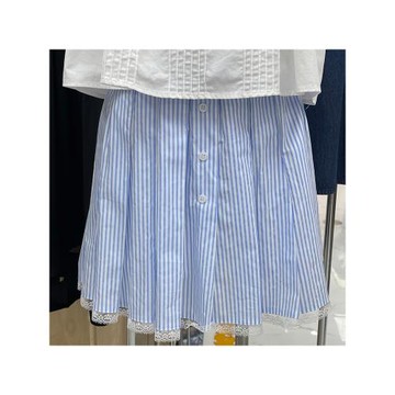 蕾絲條紋藍色高腰百褶裙子半身裙女夏季十三行新款學院風顯瘦短裙