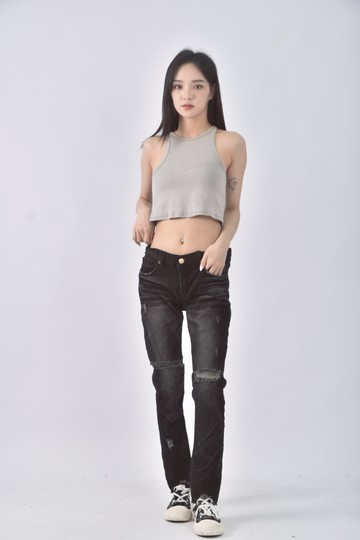 (XL) player丹寧牛仔質感棉質黑色長褲