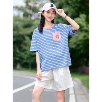 少女條紋圓短袖T恤2024夏季大童韓版高初中學生半袖寬松純棉上衣