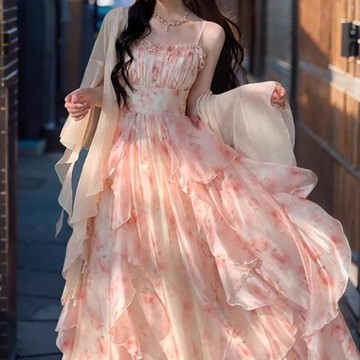 氣質重工暈染印花收腰顯瘦荷葉邊吊帶裙女夏+仙氣開衫套裝兩件套