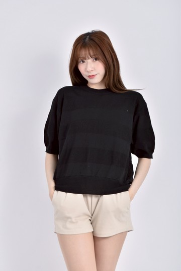 (M) ader closet針織暗紋條紋黑色短袖上衣