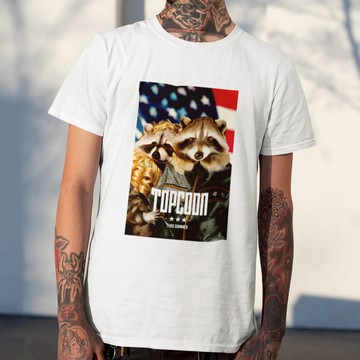 TOPCOON 中性短袖T恤 白色 趣味翻玩TOP GUN捍衛戰士寬鬆潮T班服禮物活動上衣男裝女裝設計浣熊電影