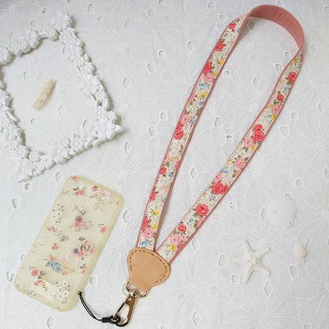 玫瑰粉色系Y型減壓雙色韓國花布真皮手機頸掛繩