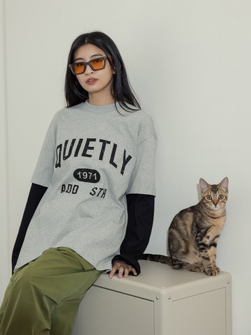 假兩件拼接英文排版薄長T