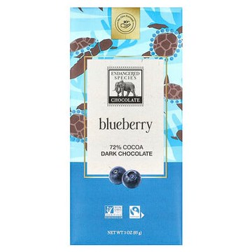 Endangered Species Chocolate, 甜美藍莓+黑巧克力，72% 可可，3 盎司（85 克）