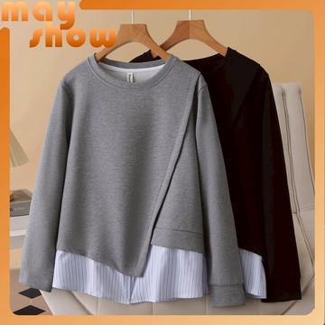 XL~4XL 美秀裝營 大尺碼女裝 大尺碼長袖衛衣正肩顯瘦遮肉秋季新款大尺碼條紋拼接假兩件上衣69830#2541