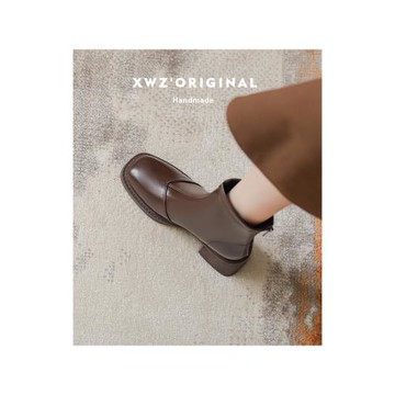 真皮切爾西短靴女2024新款方頭粗跟馬丁靴女英倫風百搭彈力瘦瘦靴