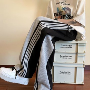 條紋針織重磅衛褲男春秋oversize大碼直筒寬松運動闊腿休閑長褲子