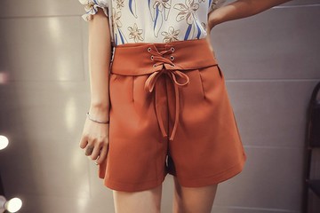 FINDSENSE G5 韓國時尚 夏季 純色 百搭 綁帶 高腰 OL休閒 闊腿褲 短褲