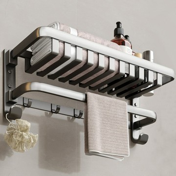 免運 開立發票 公司貨 浴室收納架 太空鋁免打孔槍灰毛巾架衛生間壁掛式折疊浴室浴巾衛浴置物架一體