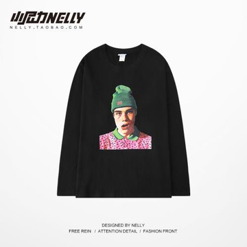 復古秋季潮牌歐美嘻哈長袖男潮寬松印花oversize復古bf風黑色T恤