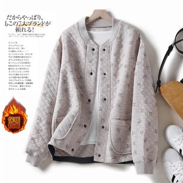 秋冬款大碼寬松夾棉加厚印花長袖外套女士百搭短款立領開衫棒球服