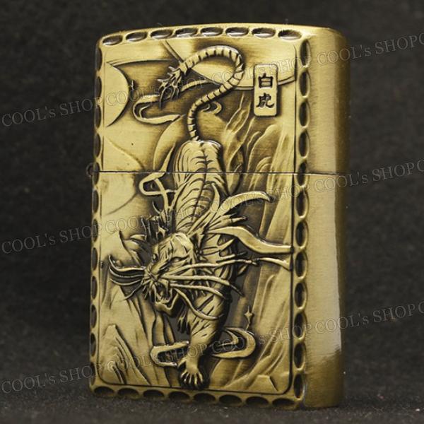 四神 リューター加工 デザイン オイルライター ZIPPO 同型 Jantai 霊獣 聖獣 和柄 和彫り 白虎 青龍 朱雀 玄武 ゴールド 送料無料