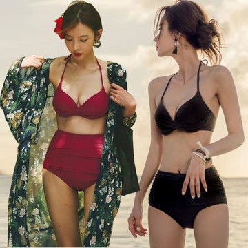 叮咚泳衣女比基尼系帶長裙衫三件套促銷雪紡學院風綠碎花黑酒紅色