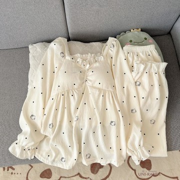 【台灣出貨】新款帶胸墊睡衣女雲朵棉紗感春秋方領長袖長褲寬鬆顯瘦家居服睡衣長袖睡衣居家睡衣居家服睡衣套裝女生睡衣
