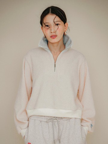 Contrast Knit Zip-up Luxurious Jacket [Light Brown Beige]