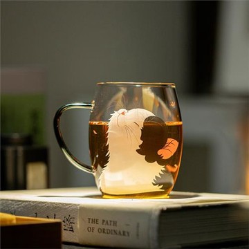 蝶伴貓圓潤杯卡通貓咪玻璃杯可愛少女透明水杯耐高溫杯玻璃主人杯