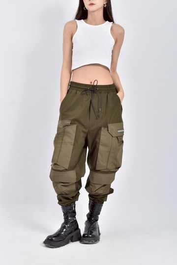 (XL) mohocompany高腰質感工裝鬆緊腰軍綠色長褲