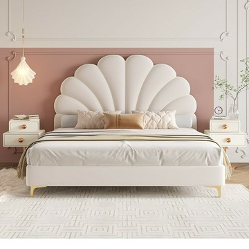 優樂悅~布藝花瓣床奶油風小紅書復古法式輕奢少女小戶型次臥女生床布藝床